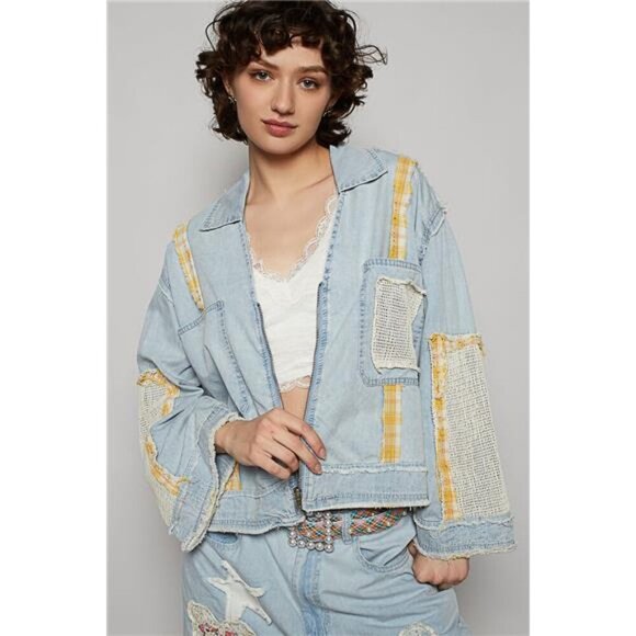 POL Raw Hem Zip Up Denim Jacket with Plaid and Crochet Patch - Picture 1 of 4